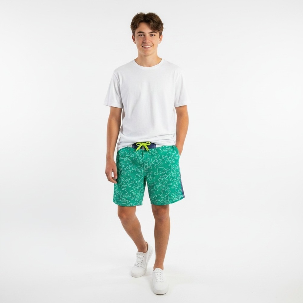 Boden Boys Swim Trunks 15-16Y Green Skull Board Shorts Mesh Lined Beach Surf
